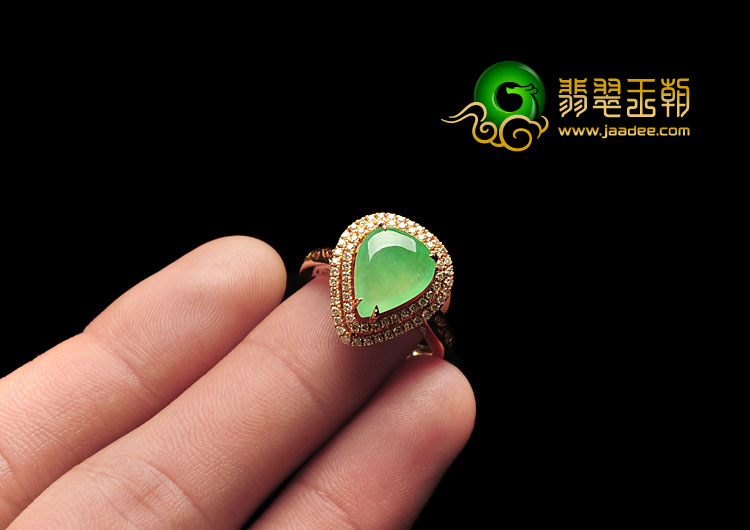 冰种绿晴水缅甸翡翠A货镶玫瑰金戒指（真钻）