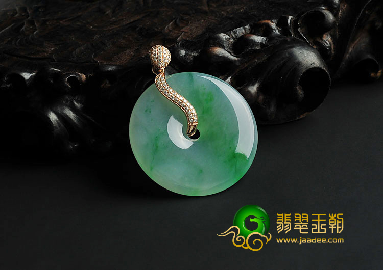 冰种飘翠缅甸翡翠A货镶玫瑰金平安扣挂件（真钻）