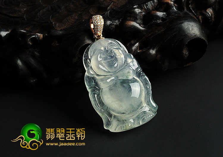 冰玻种略飘花缅甸翡翠A货站佛挂件（金扣）