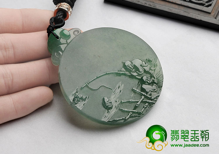 冰种晴水缅甸翡翠A货小儿垂钓挂件