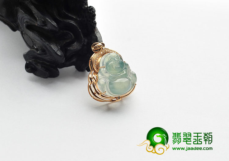冰玻种飘花缅甸翡翠A货镶玫瑰金玉佛胸坠（真钻）