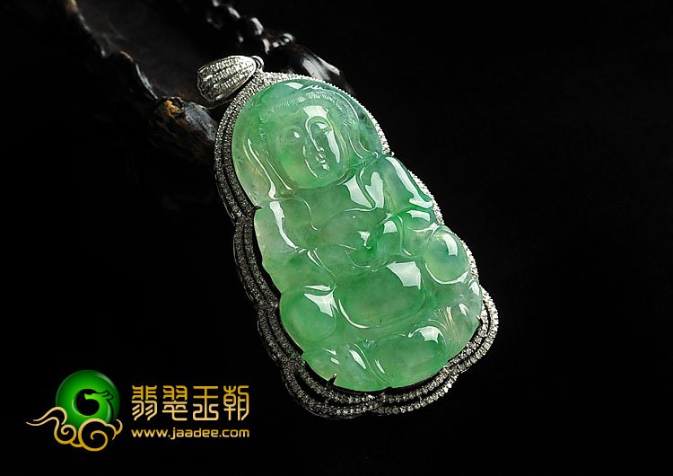 冰种翠色飘花缅甸翡翠A货镶白金观音胸坠（真钻）