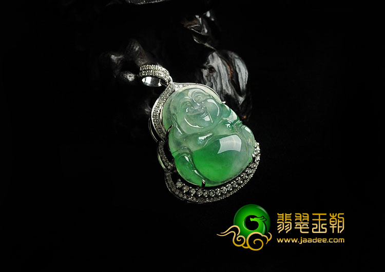 冰种飘翠缅甸翡翠A货镶白金玉佛胸坠（真钻）