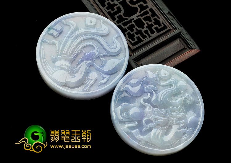 糯冰种紫罗兰飘花缅甸翡翠A货龙凤牌挂件（一对）