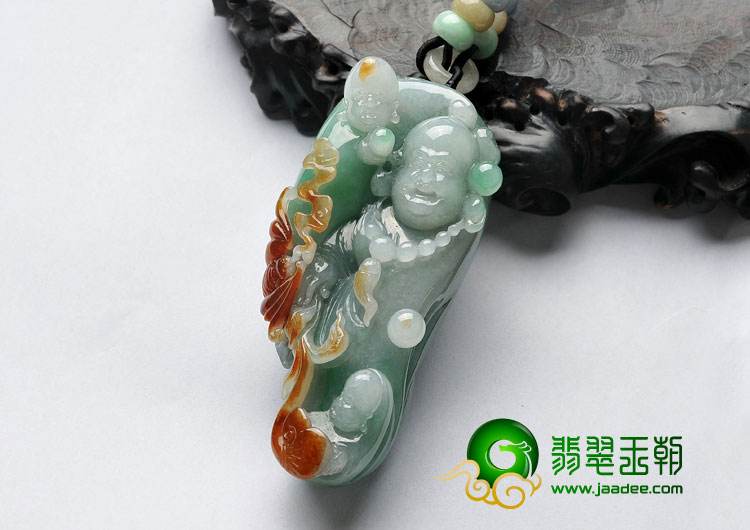 糯冰种三彩缅甸翡翠A货童子拜佛手玩件