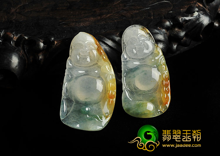 冰种红黄翡飘花缅甸翡翠A货玉佛挂件(一对）