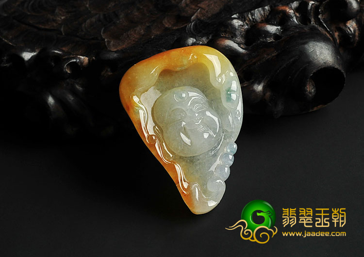 冰种褐黄翡飘花缅甸翡翠玉佛挂件