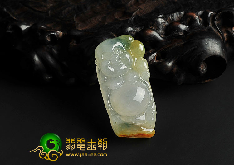 冰种黄翡飘花缅甸翡翠A货站佛挂件