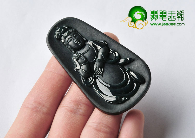 糯冰种墨翠缅甸翡翠A货站观音挂件