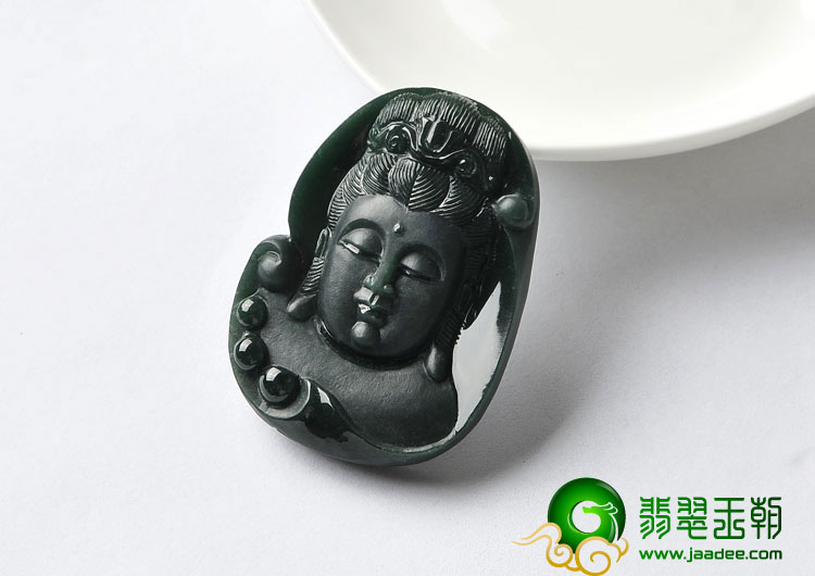 冰种墨翠缅甸翡翠A货观音头挂件