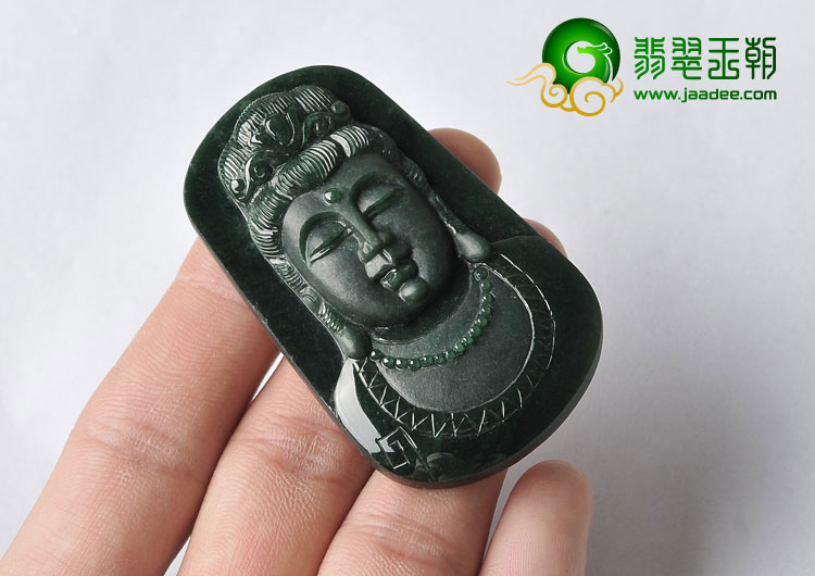 糯冰种墨翠缅甸翡翠A货观音头挂件