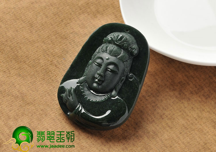 糯冰种墨翠缅甸翡翠A货观音头挂件