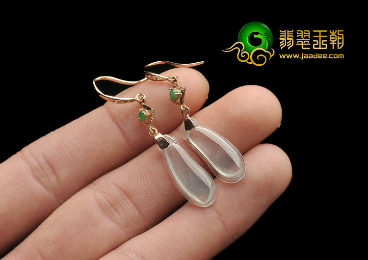 玻璃种晴水缅甸翡翠A货镶玫瑰金福瓜耳坠（真钻）