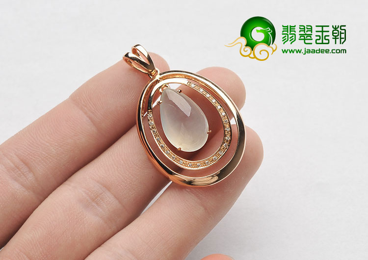 冰种无色缅甸翡翠A货镶玫瑰金水滴胸坠（真钻）
