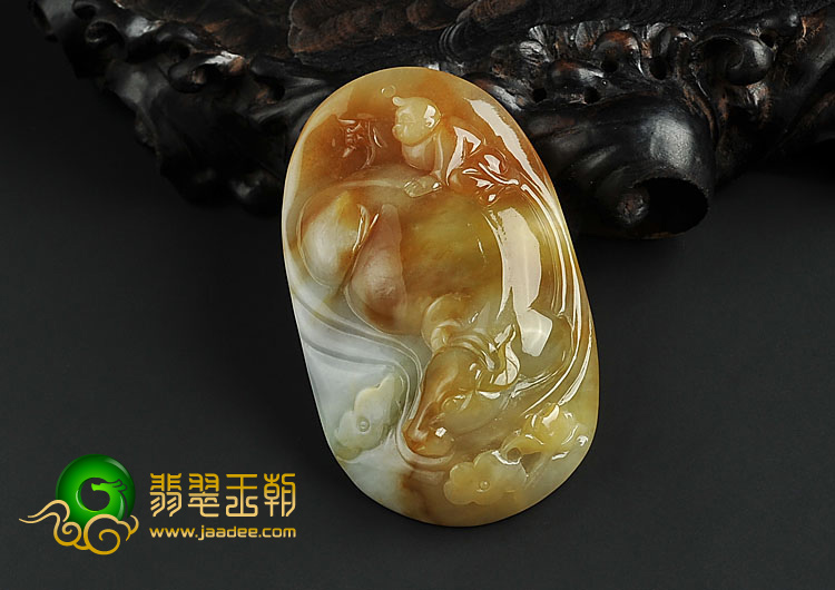 糯冰种褐黄翡缅甸翡翠A货童子戏牛挂件