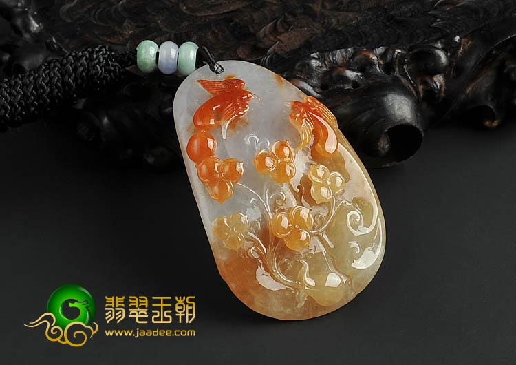 糯冰种红黄翡缅甸翡翠A货比翼双飞挂件