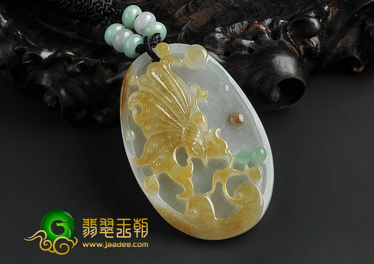 糯冰种三彩缅甸翡翠A货蝶恋花挂件