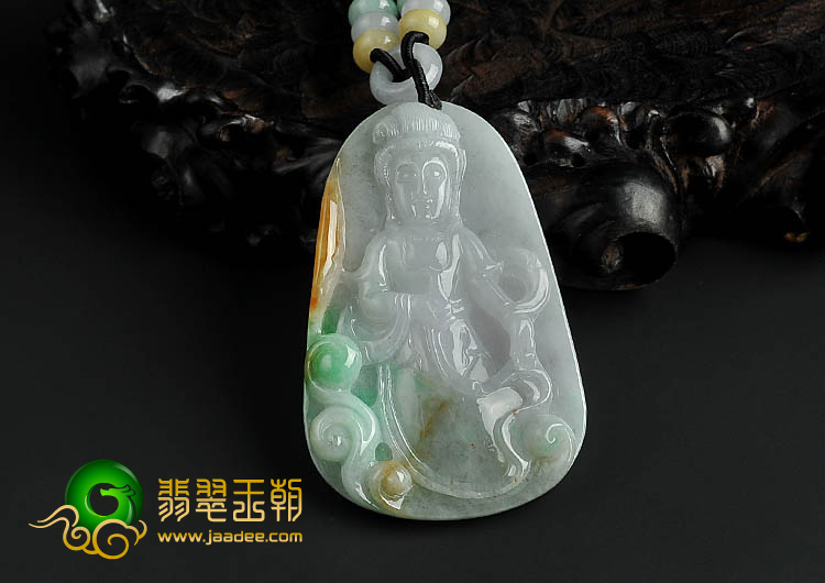 糯冰种三彩缅甸翡翠A货站观音挂件