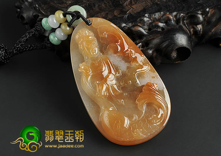 冰种褐黄翡缅甸翡翠A货站观音挂件