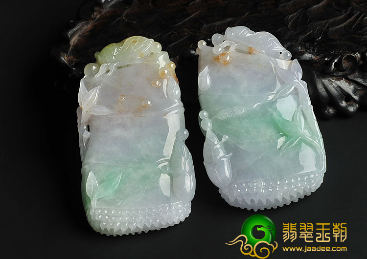 糯冰种三彩缅甸翡翠A货节节高挂件（一对）
