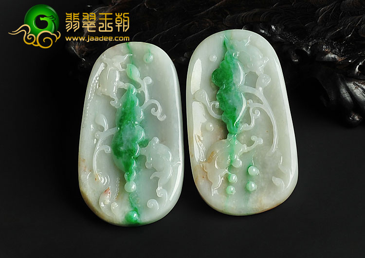 (超值推荐)糯冰种三彩缅甸翡翠A货金玉满堂挂件(一对）
