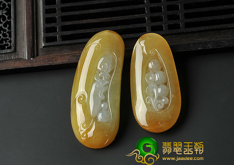 冰种褐黄翡缅甸翡翠A货仿古龙凤挂件（一对）