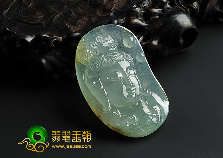 冰种晴水略带黄翡缅甸翡翠A货观音头挂件