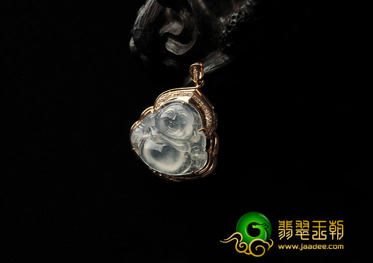 冰种无色缅甸翡翠A货镶玫瑰金玉佛胸坠(真钻)