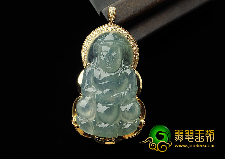冰种晴水缅甸翡翠A货镶黄18K金观音胸坠(真钻)