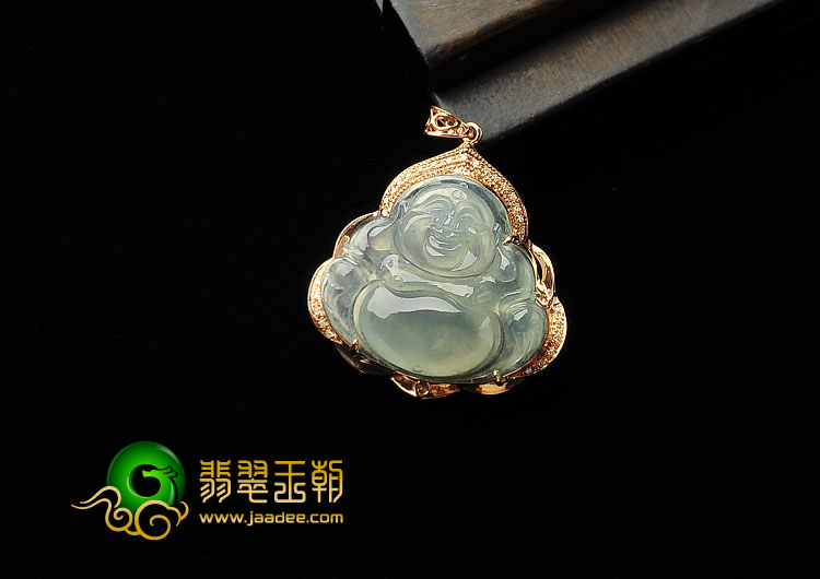 冰种晴水缅甸翡翠A货镶玫瑰金玉佛胸坠(真钻)