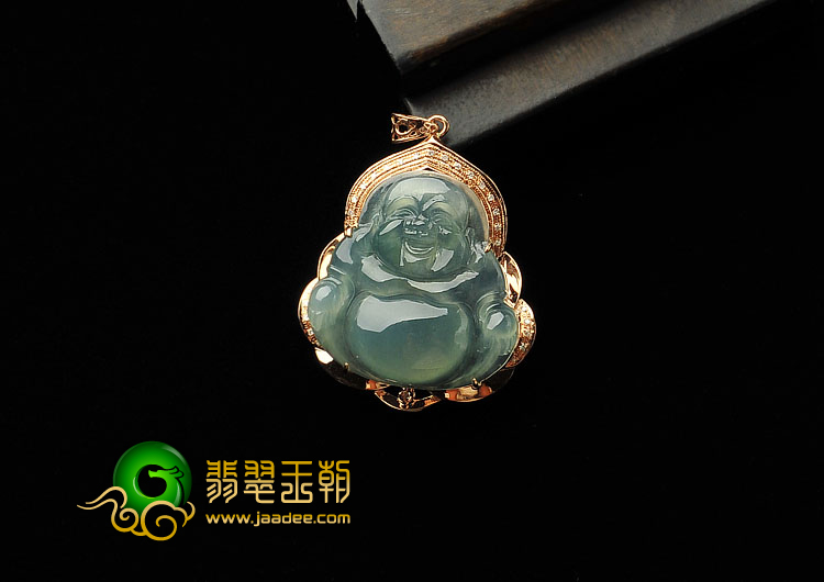 冰种晴水缅甸翡翠A货镶玫瑰金玉佛胸坠(真钻)