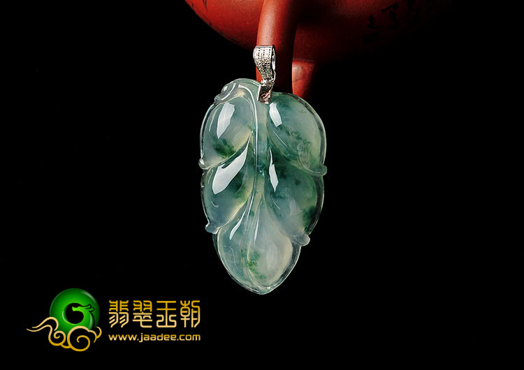 冰种飘花缅甸翡翠A货镶金扣叶子挂件