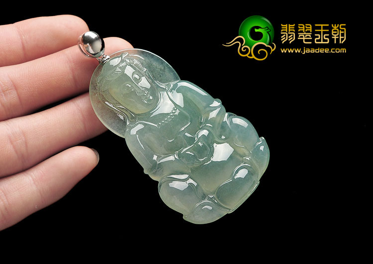 冰种晴水缅甸翡翠A货镶金扣观音挂件