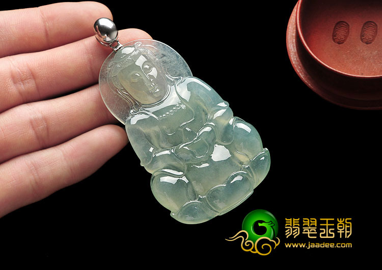 冰种晴水缅甸翡翠A货镶金扣观音挂件
