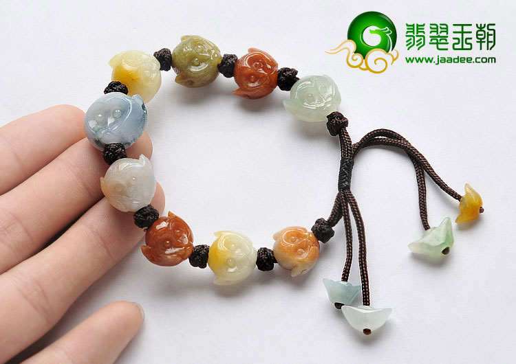 糯冰种三彩缅甸翡翠A货猴头手链