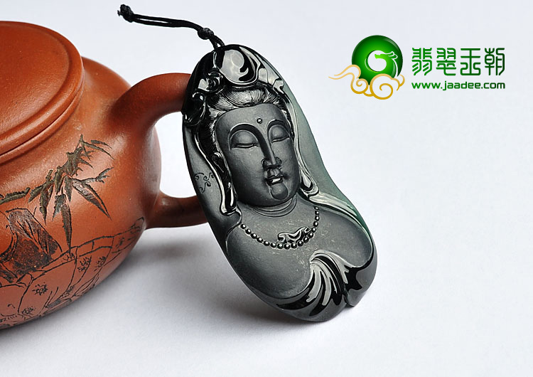 冰玻种墨翠缅甸翡翠A货观音头挂件