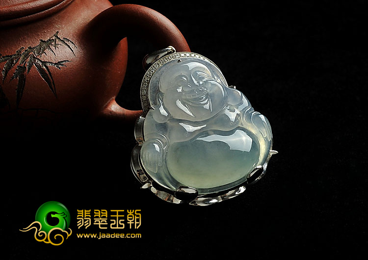 冰种晴水缅甸翡翠A货镶白金玉佛挂件(真钻)
