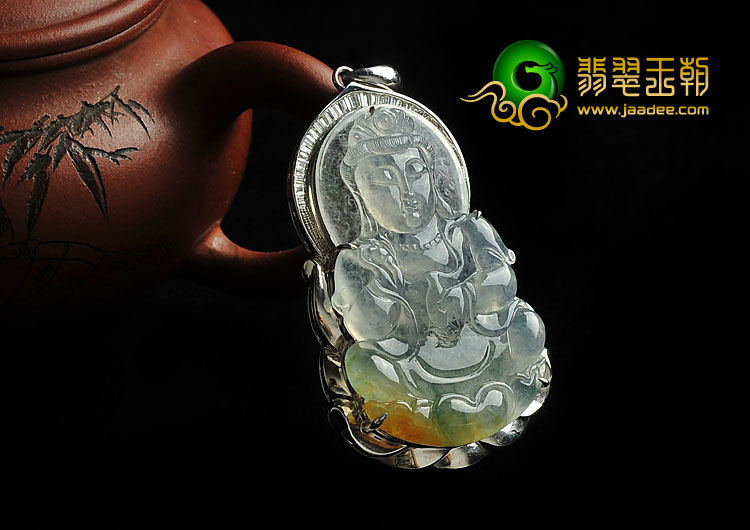冰种飘花略带黄翡缅甸翡翠A货镶白金观音挂件(真钻)