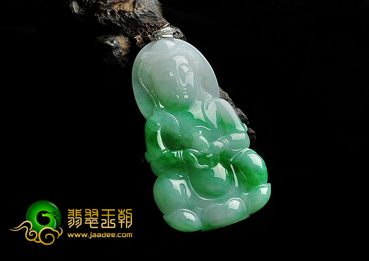 糯冰种翠色缅甸翡翠A货镶金扣观音挂件