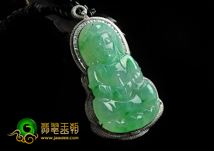 冰种飘翠缅甸翡翠A货镶白金观音挂件(真钻)