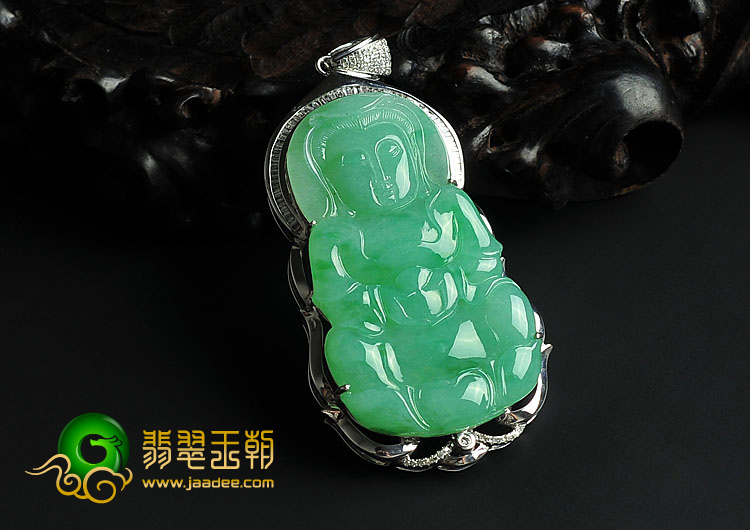 冰种飘翠缅甸翡翠A货镶白金观音挂件