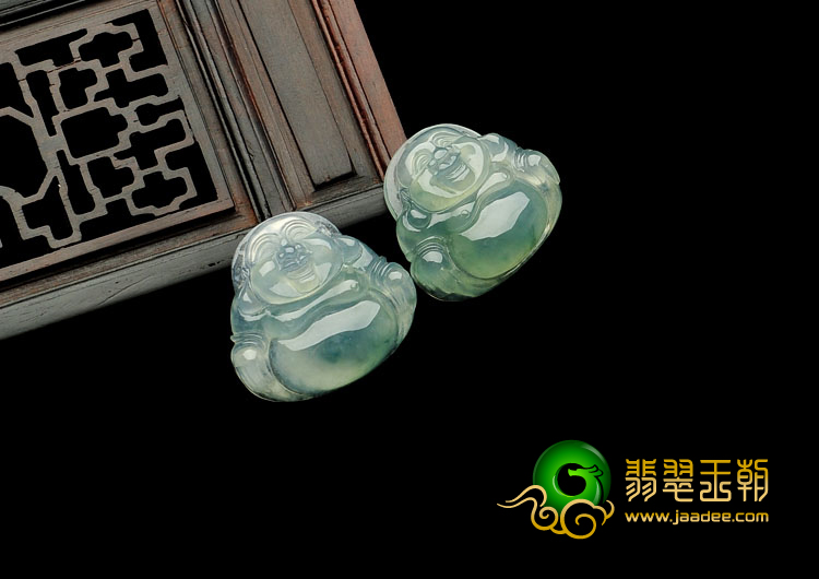 冰种飘花缅甸翡翠A货玉佛挂件(一对)