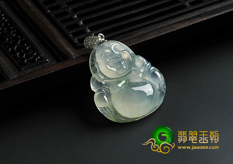冰种飘花缅甸翡翠A货镶金扣玉佛挂件