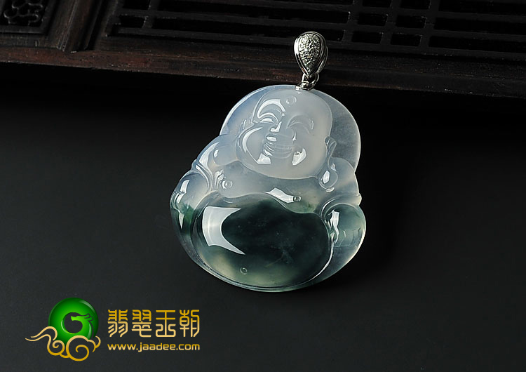 冰种飘花缅甸翡翠A货镶金扣玉佛挂件