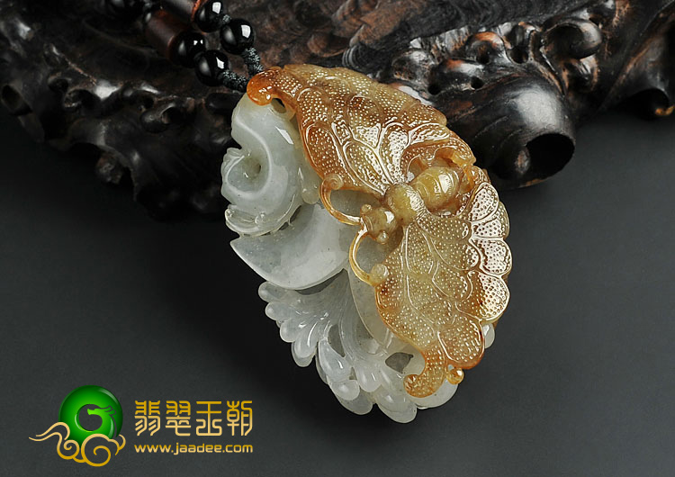 糯冰种褐黄翡缅甸翡翠A货蝶恋花挂件