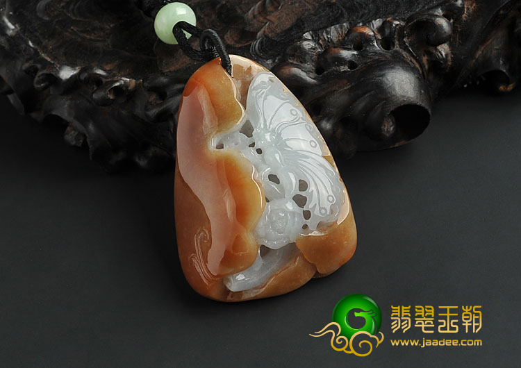 糯冰种褐黄翡缅甸翡翠A货蝶恋花挂件