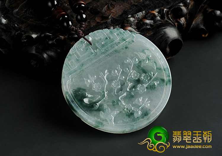 冰种飘花缅甸翡翠A货双喜临门挂件