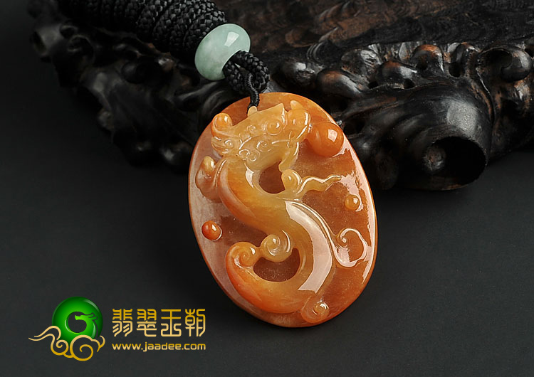 糯冰种红黄翡缅甸翡翠A货仿古龙凤挂件