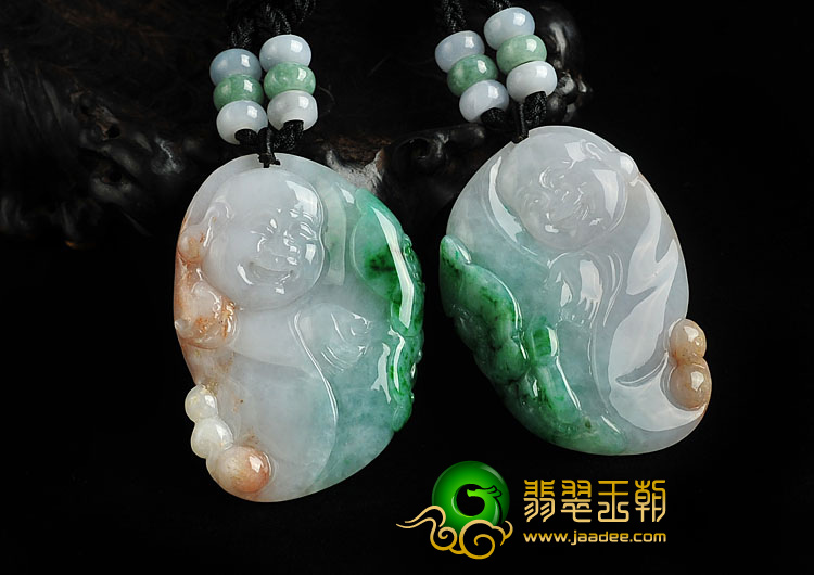 糯冰种三彩缅甸翡翠A货玉佛挂件(一对)