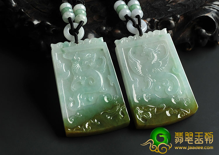糯冰种褐黄翡晴水缅甸翡翠A货仿古龙凤牌挂件(一对)